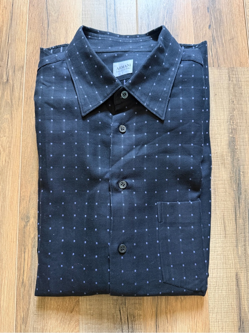 Armani Collezioni Black Shirt with Blue Micro-Dot Pattern